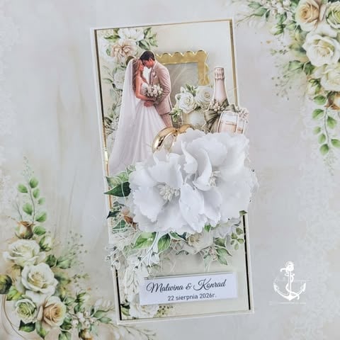 Wedding invitation card with couple photo, white flower decoration, and floral border on light background