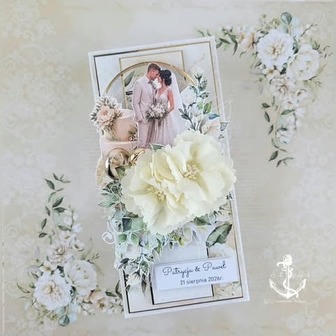 Wedding invitation card with couple photo, cream and white flowers, and anchor decoration on beige background
