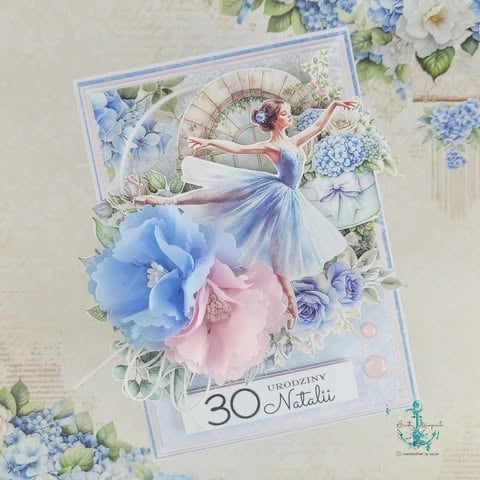 Decorative birthday card with a woman in a blue tulle dress dancing among blue and pink flowers, text reads 30 Urodziny Natalie.