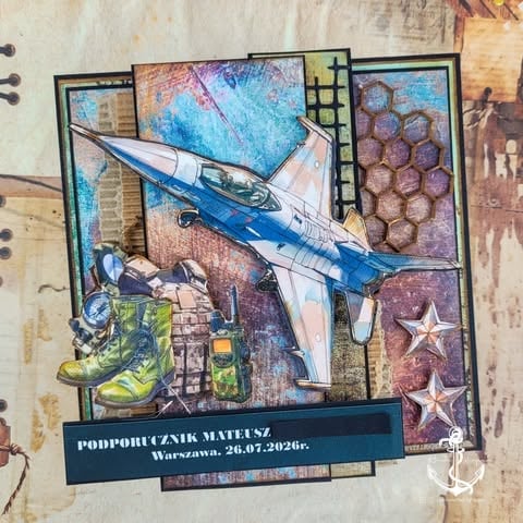 Mixed media artwork featuring a blue and white military jet aircraft, boots, and stars, labeled Podporzytnik Materusz, dated 2026