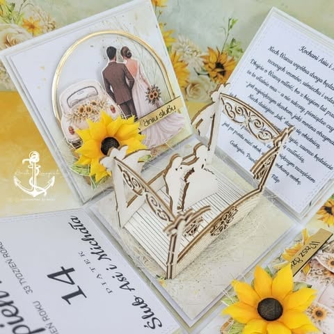 Wedding invitation cards with sunflower decorations, including a couple illustration and wooden carriage cutout design
