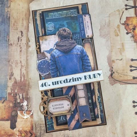 Collaged greeting card featuring a man in blue jacket viewed from above, surrounded by travel memorabilia, with Polish text reading 40. urodziny RUBY