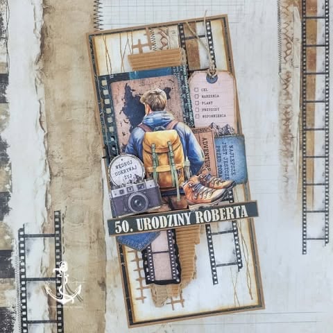 50. Urodziny Roberta - scrapbook page with vintage camera, photos, film strip borders, backpack, and adventure-themed elements