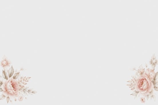 Decorative floral background with soft pink roses and leaves in bottom corners on light gray backdrop
