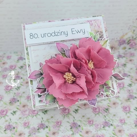 Handmade birthday card for Ewys 80th with 3D pink peony flower on floral background paper