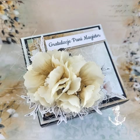 Cream-colored carnation flower on a congratulations greeting card with decorative elements and an anchor design.