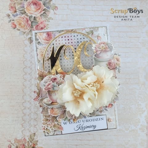 Elegant birthday greeting card featuring pink roses, lace elements, and gold number 60 decoration on white brick background