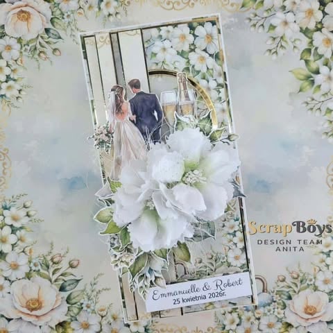 Wedding scrapbook layout featuring bride and groom photo surrounded by white flowers and floral patterned paper with names Emmanuele and Robert