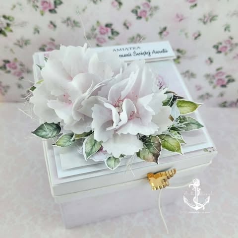 White decorative box with pale pink and white flowers, green leaves, and gold hardware on floral patterned background.
