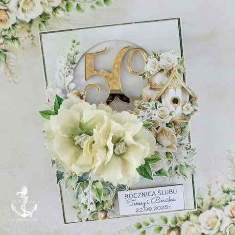 Decorative anniversary card with number 50 in gold, cream flowers, white birdhouse, and Polish text dated 22.09.2025