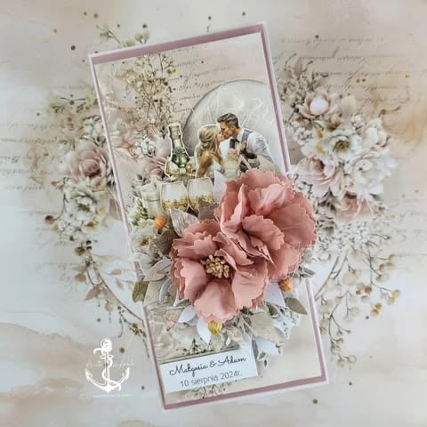 Romantic wedding scrapbook with dried flowers, large pink 3D peony, vintage photo circle, and 'Małgosia & Adam 10 sierpnia 2024r.' text on distressed background