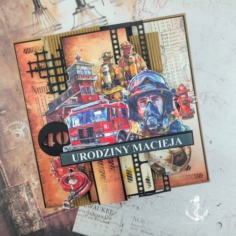 Decorative 40th birthday card featuring firefighters, red fire truck, and vintage film strip design elements on textured background