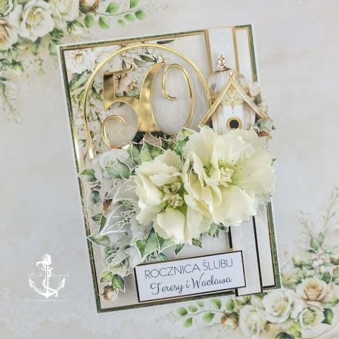 50th anniversary greeting card with gold number 50, white carnations, small birdhouse, and Polish text on decorative background