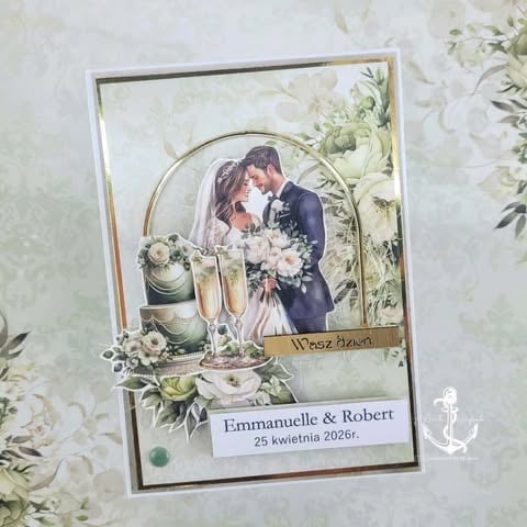 Handmade wedding greeting card featuring a bride and groom photo, floral arrangements, champagne glasses, and personalized text for Emmanuelle and Robert