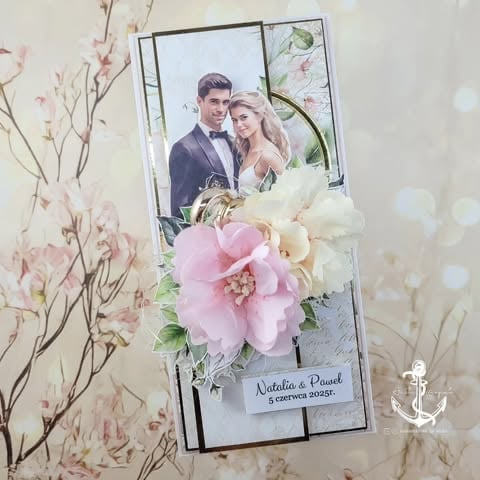 Wedding card with couple photo, pink and white 3D peonies, anchor charm, and 'Natalia & Paweł 5 czerwca 2025r.' text on floral background