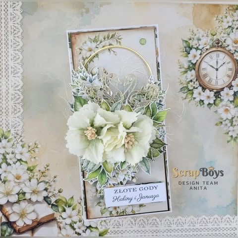 Handmade greeting card with cream 3D flowers, vintage clock, lace borders, and 'Happy Savings' text on soft botanical background