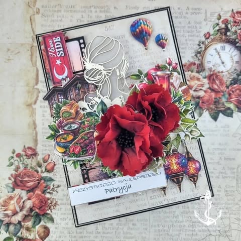 Scrapbook layout featuring red poppy flower, illustrated woman, hot air balloons, and vintage florals on aged newsprint background