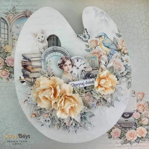 Vintage-style oval collage with woman, books, clock, peach flowers, blue bird, butterfly, and 'Chwytaj dzień' text by ScrapBoys Anita