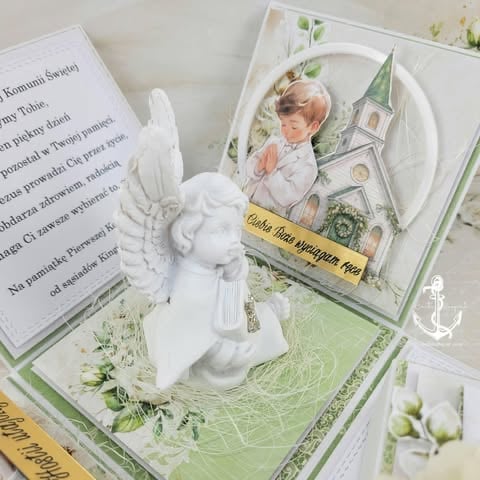 Handmade religious greeting card with white angel figurine, vintage holy image, green floral design, and yellow text label.