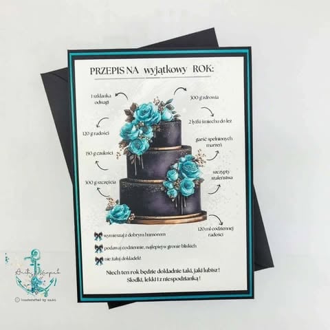 Diagram of an elegant tiered wedding cake with turquoise flowers and labeled recipe instructions in Polish