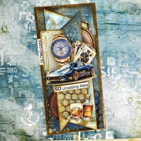 Vintage 50th birthday collage with compass, luxury blue car model, watch, playing cards, whiskey, and '50 Urodziny Rafa' text on nautical textured background