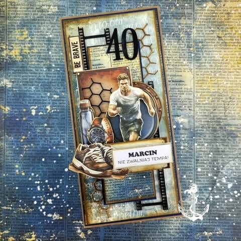 Vintage-style 40th birthday sports trading card with male athlete running, 'BE BRAVE' 'MARCIN NIE ZWALNIAJ TEMPA!' text and number 40 on textured newsprint background