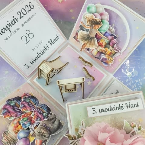 Flat lay of birthday greeting cards and decorative elements including floral designs, gold accents, and handwritten text on pastel backgrounds