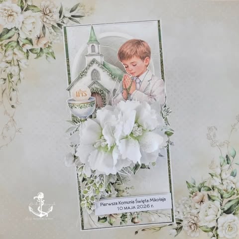 Religious greeting card featuring a young boy in prayer with a church, surrounded by white flowers and green foliage decorations