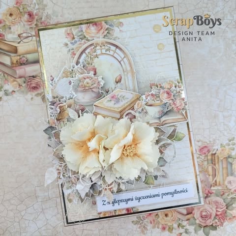 Scrapbooking layout featuring a large cream flower, vintage floral elements, decorative frame, and Polish text with ScrapBoys design team branding