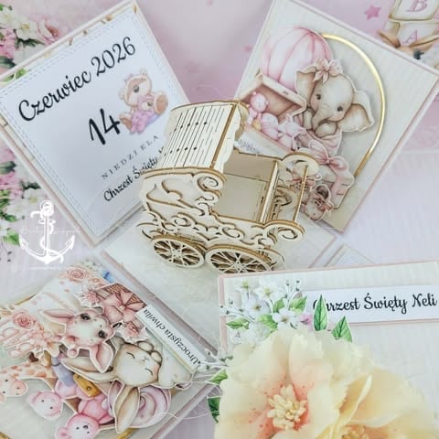 Baby shower invitation set with pastel pink and white decorations, featuring a vintage carriage design, flowers, and dates in June 2026