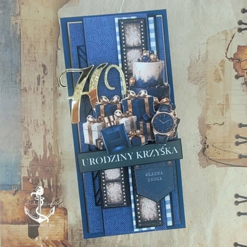 Blue birthday greeting card with 770 number, watch, gifts, and camera film elements on textured white background