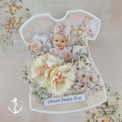 Baby girl photo card with pink flowers, ribbons, and Christening text on dress-shaped cutout