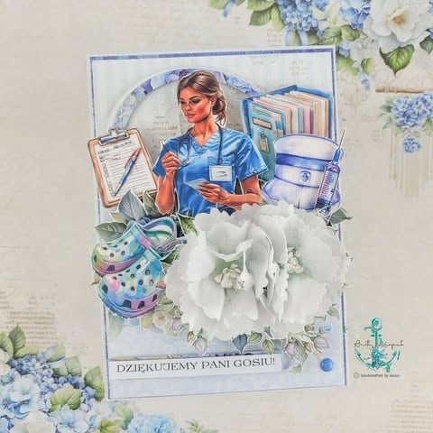 Vintage-style scrapbook layout featuring a woman in blue medical scrubs surrounded by healthcare icons, white flowers, and decorative elements with Polish text