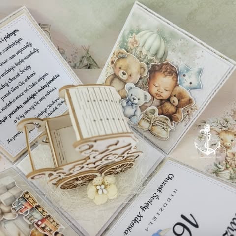 Christening keepsake for Aleksandra with sleeping baby illustration, teddy bear, vintage crib wooden cutout, and prayer text on cream and white background
