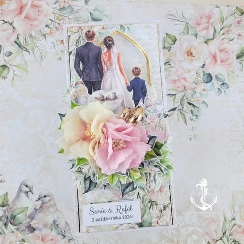 Wedding invitation card with couple and child illustration, pink and cream flowers, and anchor design on floral background