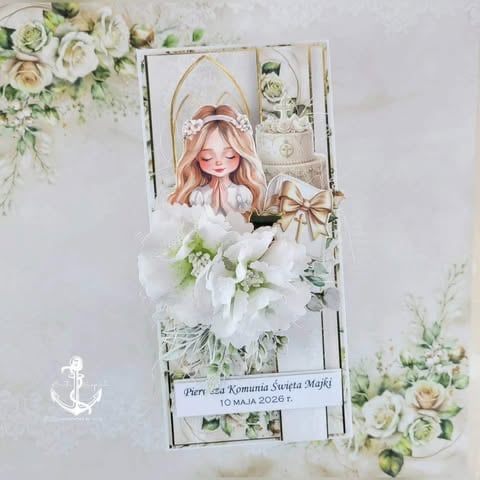 Christening invitation card with illustration of blonde girl in pink headpiece, white flowers, and gold accents on floral background