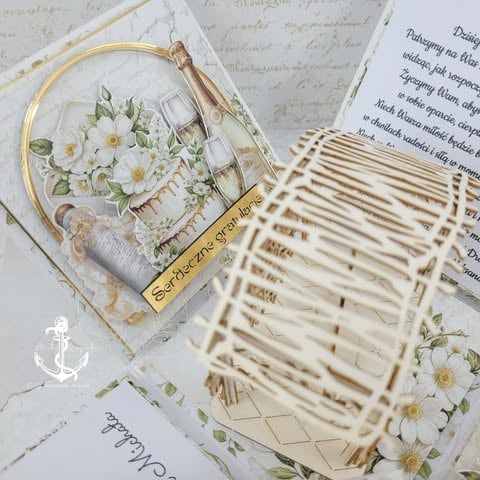 Nautical-themed wedding stationery with white daisies, gold accents, anchor emblem, and woven basket details on cream background