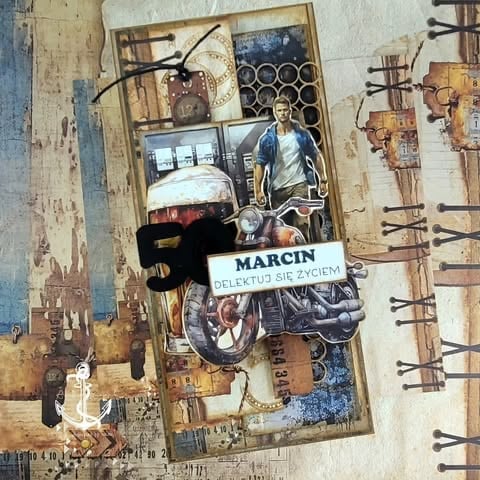 Mixed media scrapbook with vintage motorcycle imagery, portrait of young man, industrial design elements, and 'Marcin 5 Delektuj się życiem' text on aged paper background