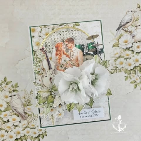 Decorative wedding scrapbook with couple photo, large white 3D peony, violin and drums illustrations, and 'Amelia & Jakub 5 września 2025r.' text