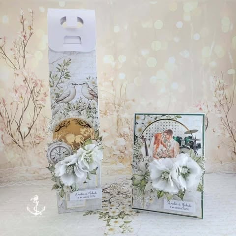 Handmade scrapbook layouts featuring vintage photos, white flowers, dried botanicals, and decorative paper with coastal theme.