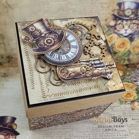 Steampunk-style greeting card with ornate gears, clock face, and vintage mechanical designs on cream background