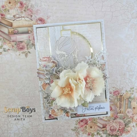 Scrapbook page with vintage aesthetic featuring cream roses, floral patterns, sketched artwork, stacked books, and decorative elements on a light pink background