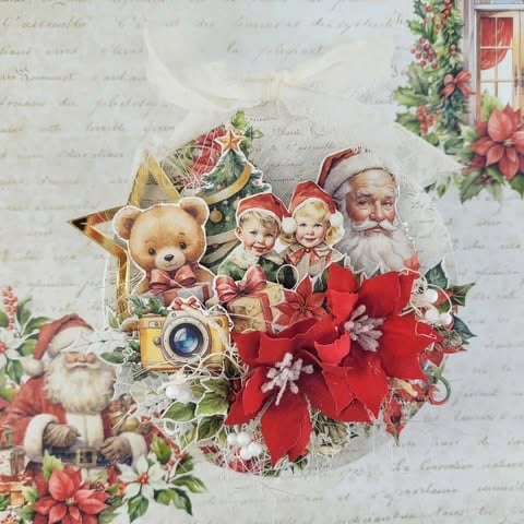 Vintage Christmas collage with Santa, elf children, teddy bear, poinsettias, and festive decorations on antique letter background