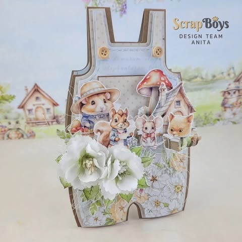 Decorative wooden overalls with illustrated forest animals, mushroom, and white flowers by ScrapBoys Design Team Anita