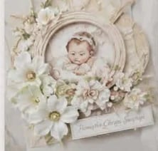 Vintage-style baby portrait decorated with white flowers and ornate circular frame on floral scrapbook layout