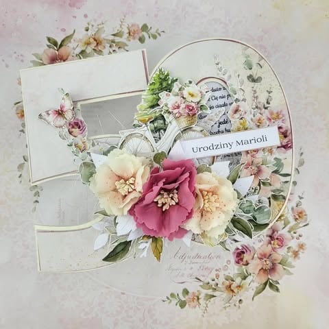 Floral scrapbook layout with pink and cream 3D flowers, blank white tags, and decorative papers on light background by ScrapBoys Anita