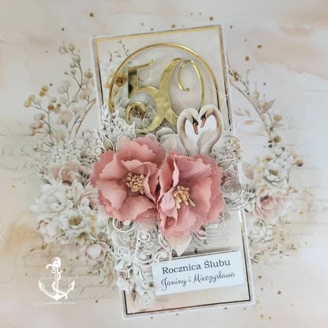 Elegant 60th anniversary greeting card with gold 60 numerals, pink and white 3D flowers, and decorative elements on floral background