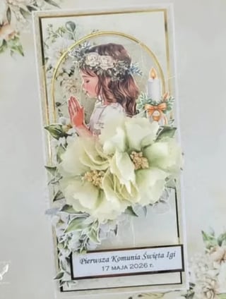 Religious greeting card with illustrated girl in prayer wearing white flower crown, decorated with cream roses and greenery, dated May 17 2026