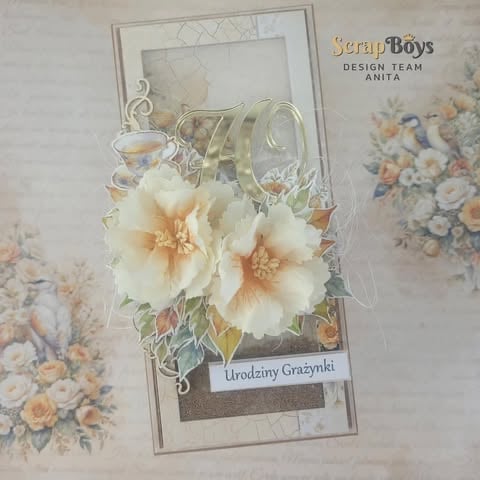 Handmade birthday greeting card with peach and white 3D flowers, gold 40 numerals, decorative teacup frame, and 'Urodziny Grażynki' text by ScrapBoys Design Team