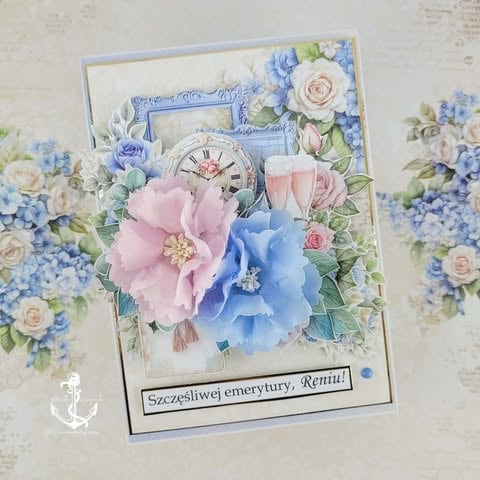 Handmade greeting card with pink and blue flowers, vintage clock, and Polish text on cream background